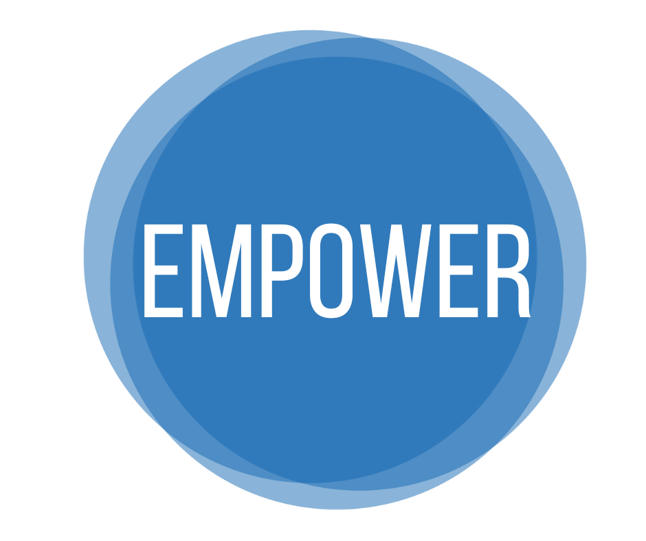 Blue background with text saying "EMPOWER".
