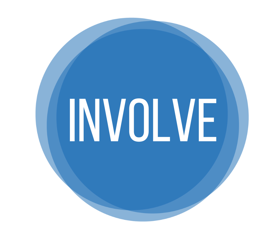 Blue background with text saying "INVOLVE".