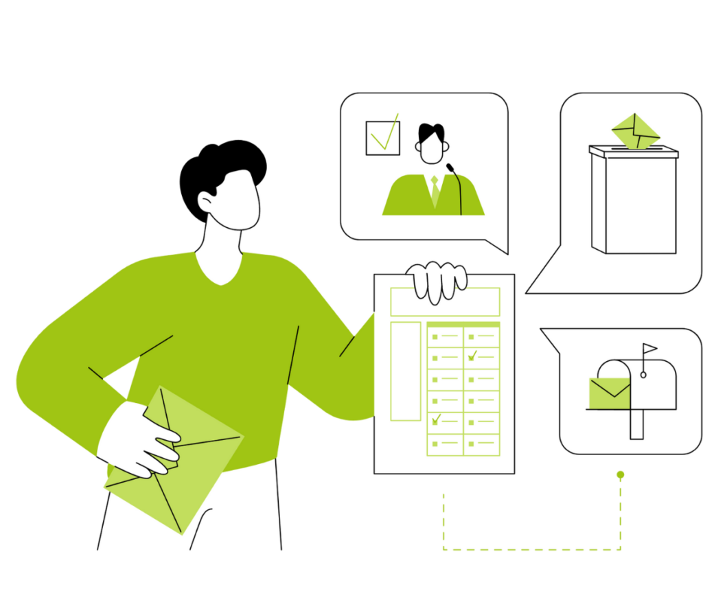 Illustration showing different ways to vote, by mail, in person or online.